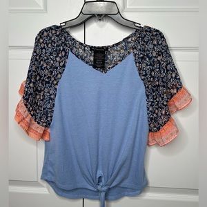 Speechless Tie Front Raglan Ruffle Tee